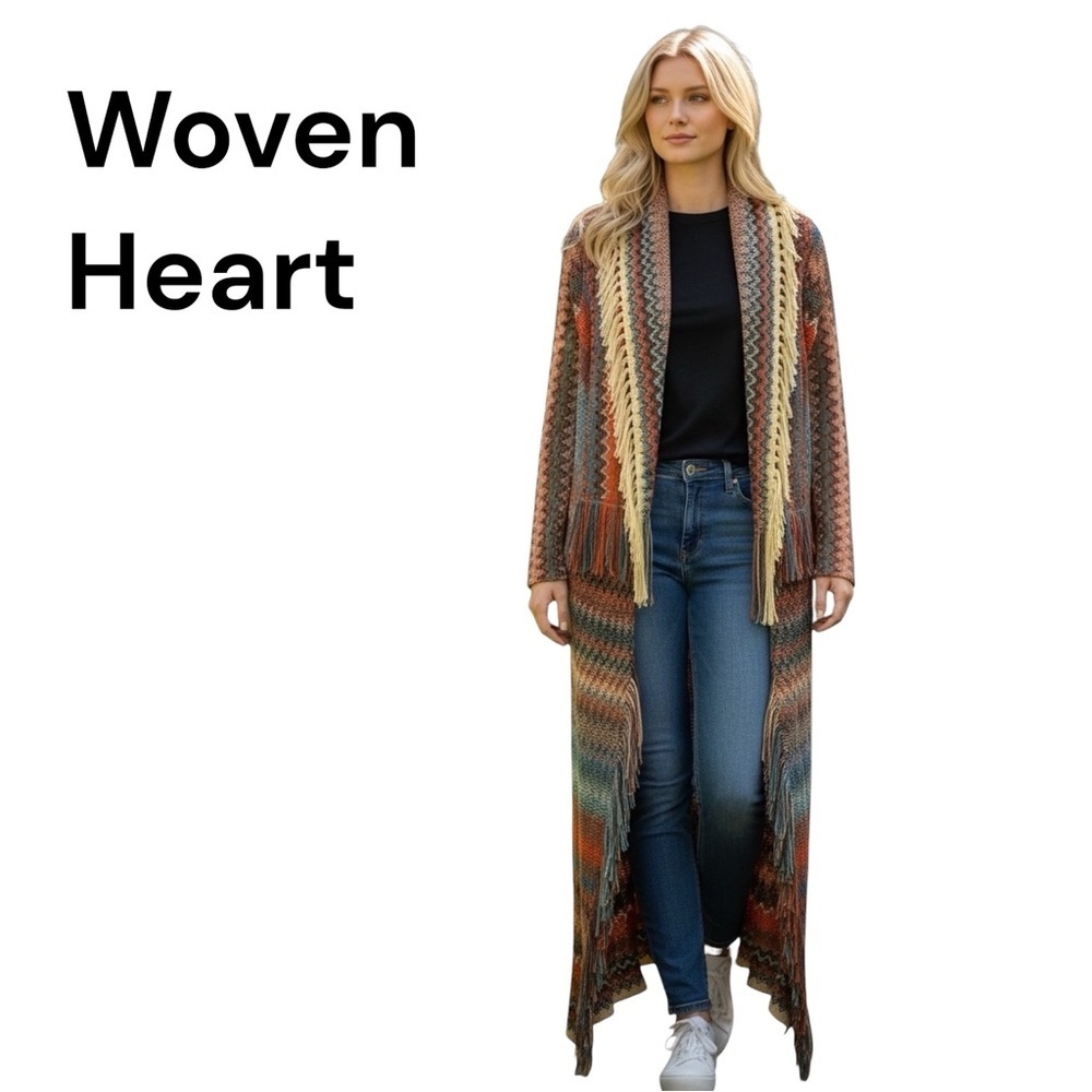Woven Heart Boho Southwestern Longline Maxi Cardigan Fringe Zigzag Knit Sweater
